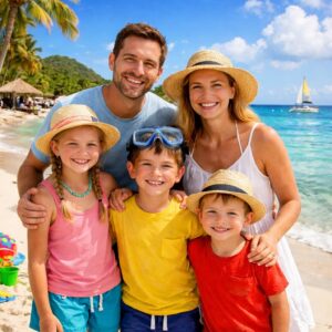 famille en vacance sur la plage en guadeloupe